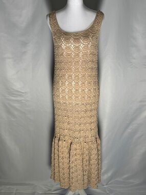 Vintage Style Crochet Knit Midi Dress Boho Neutral Sleeveless Festival Coastal